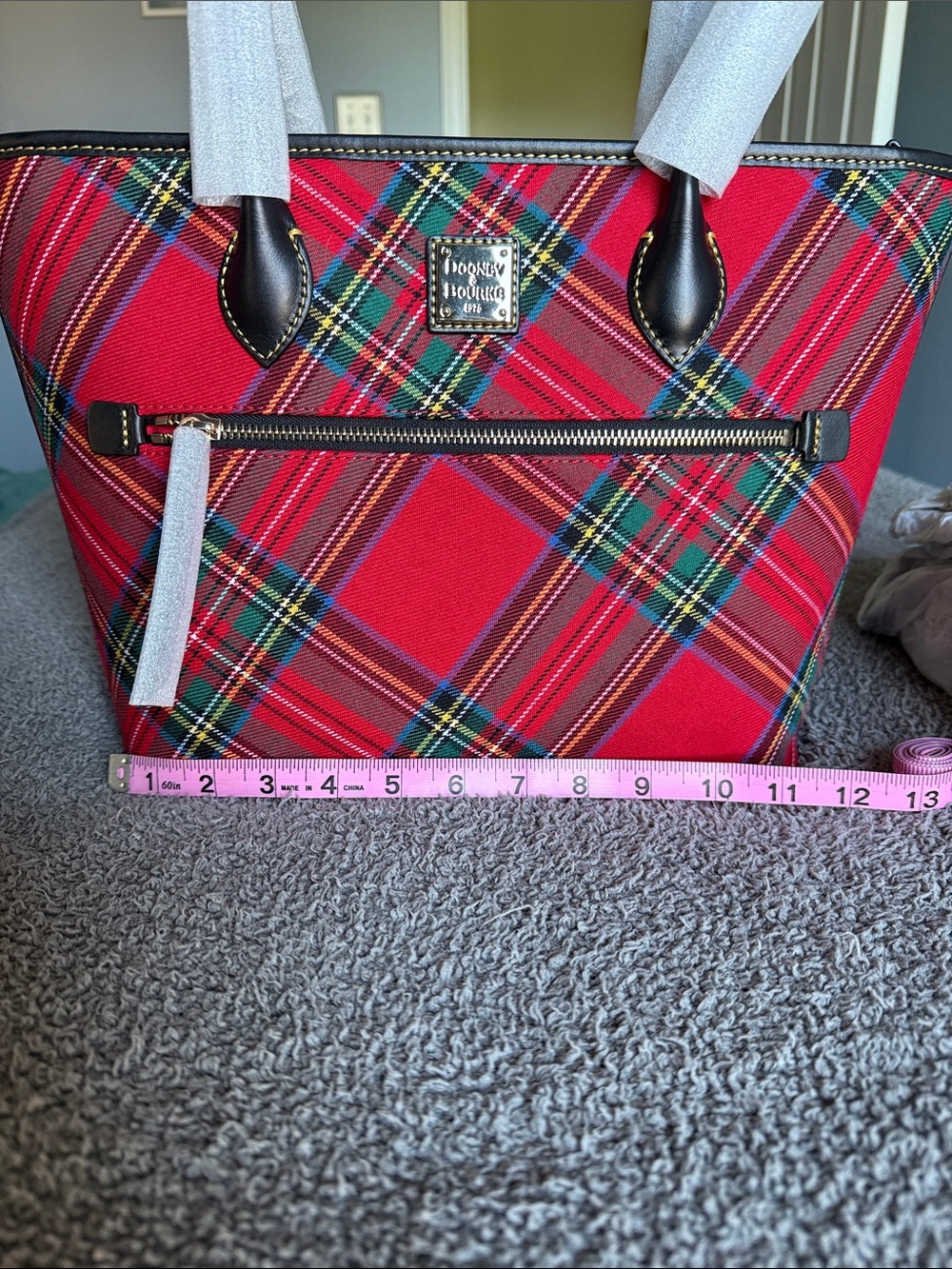 Dooney & Bourke Red Tartan Plaid Tote with Dark Leather Trim